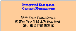 文字方塊: Integrated Enterprise
Content Management
結合 Share Portal Server,
做更佳的文件版本及範本控管,
讓小組合作的更緊密